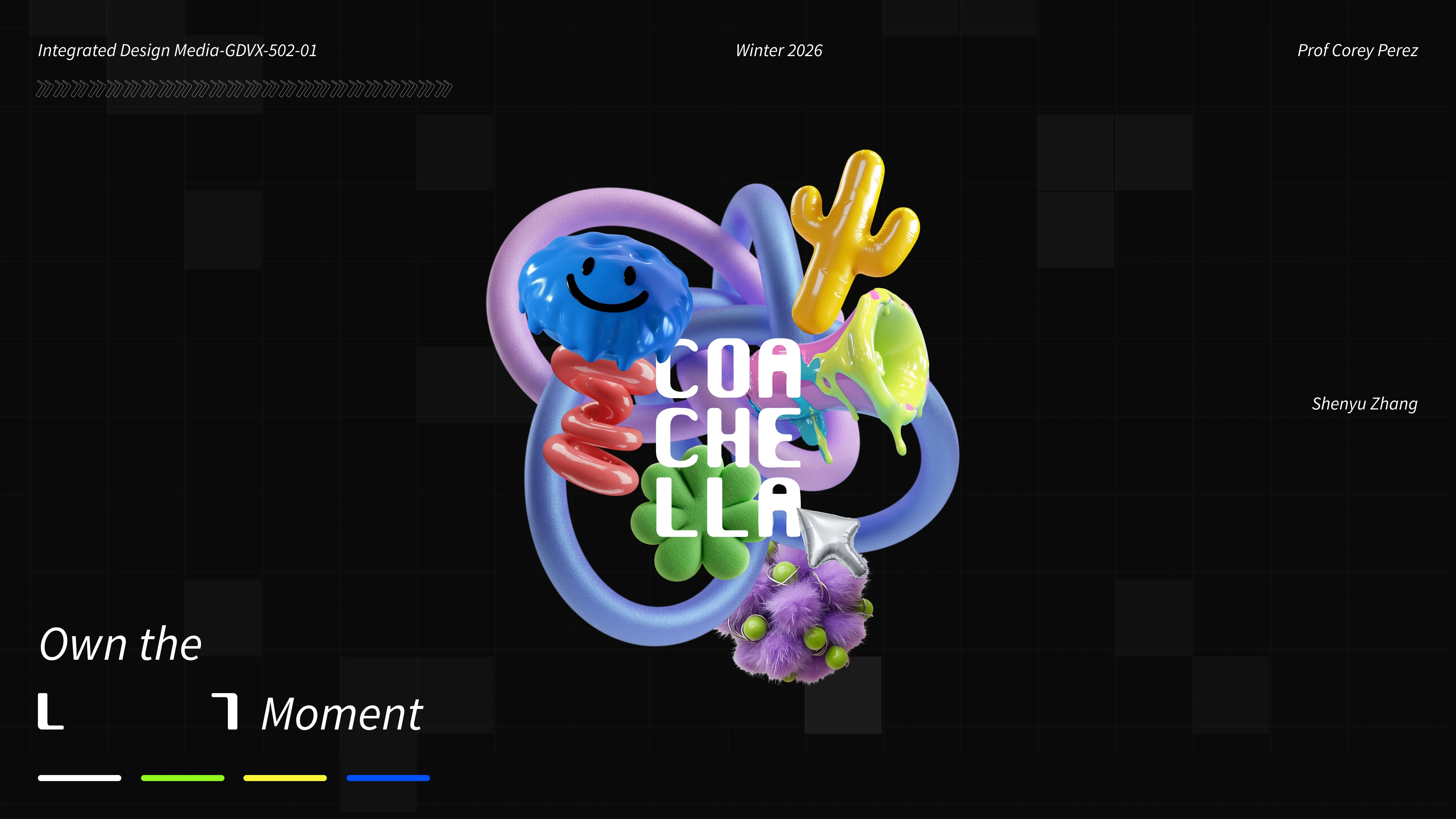 Coachella wordmark surrounded by colorful, playful three-dimensional festival objects