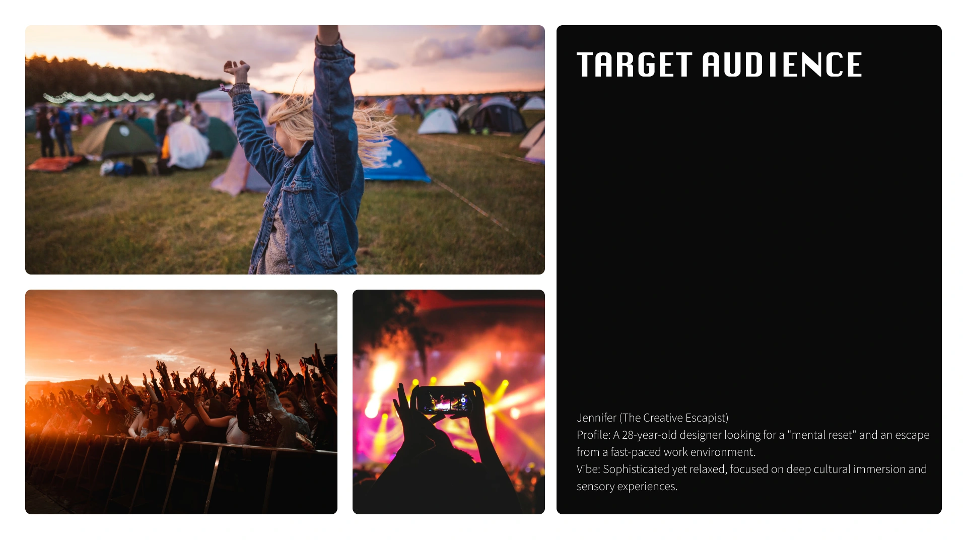 Festival audience: a woman enjoying the campsite, a sunset crowd, and a concertgoer recording live music