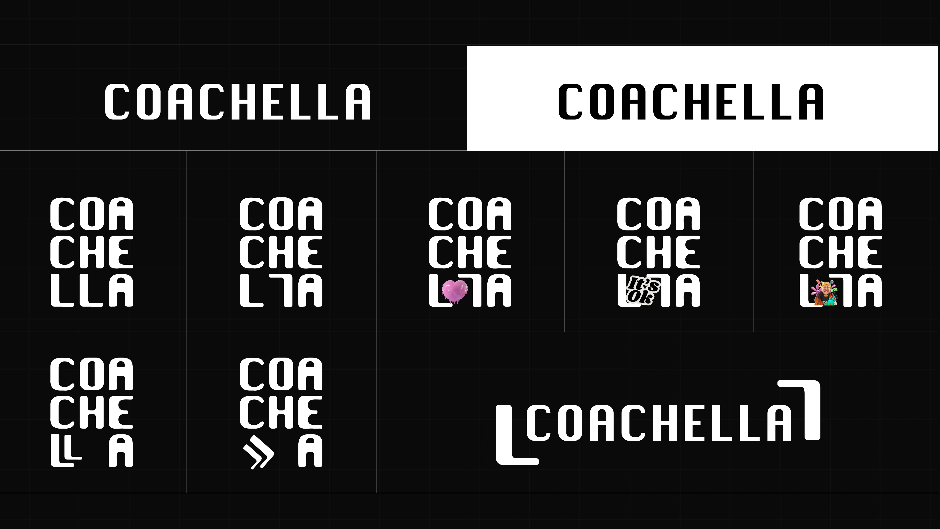 Coachella logo variations, horizontal and stacked wordmarks, and the flexible L frame system