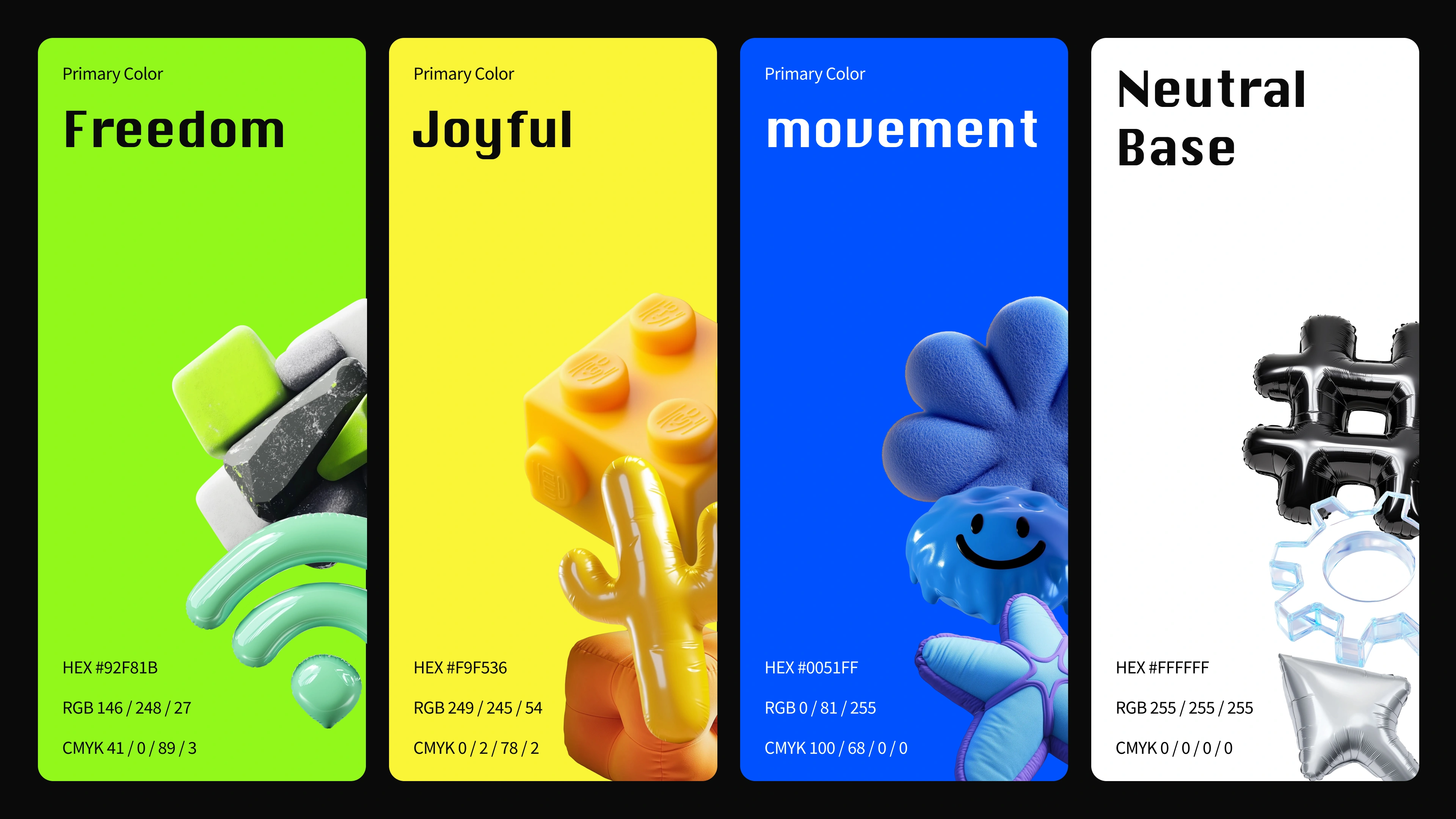 Coachella colour palette: Freedom green, Joyful yellow, movement blue and Neutral Base white, with original 3D graphics and HEX, RGB and CMYK values