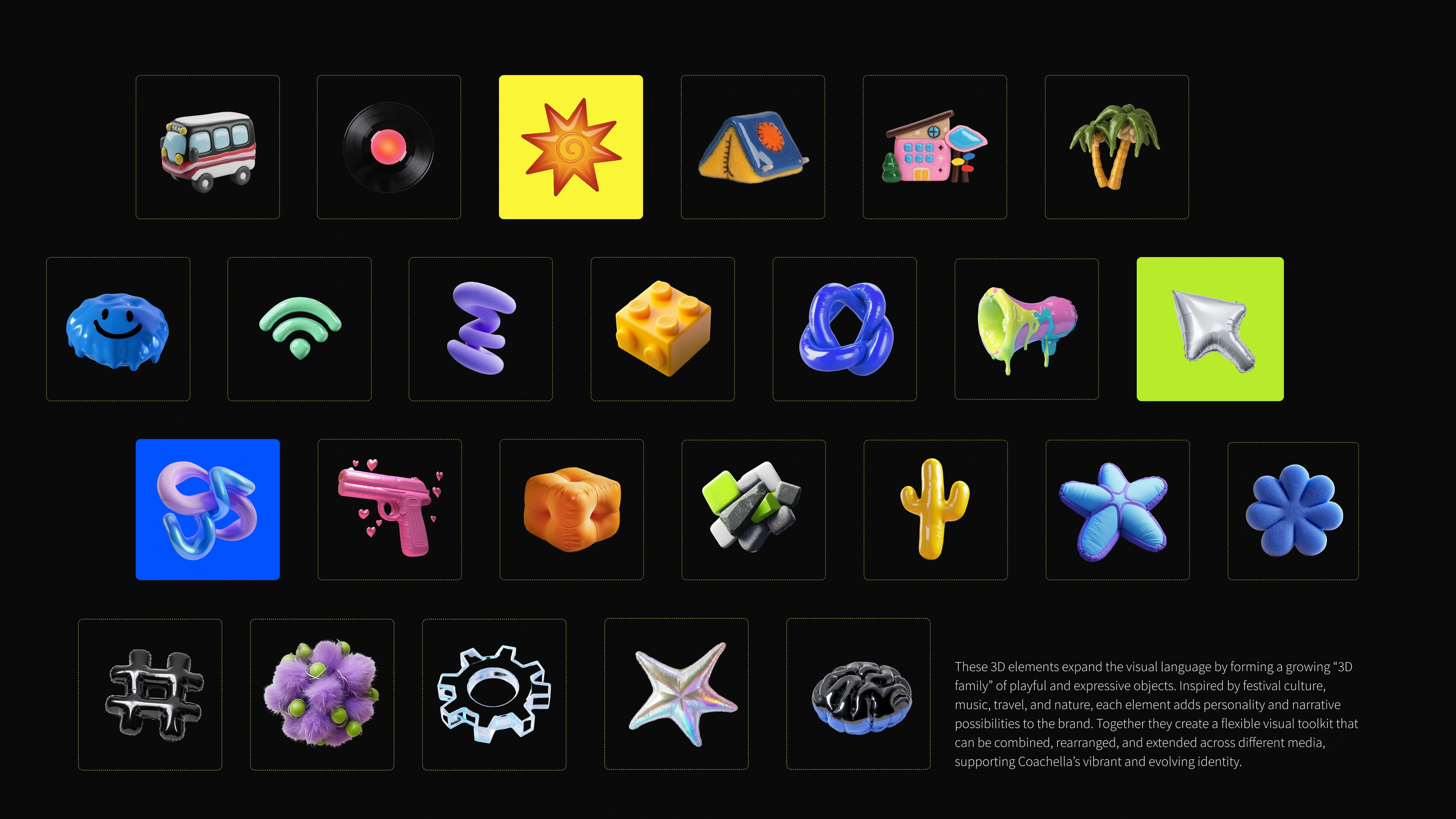 The complete family of expressive 3D objects: flowers, music, travel, nature and festival symbols