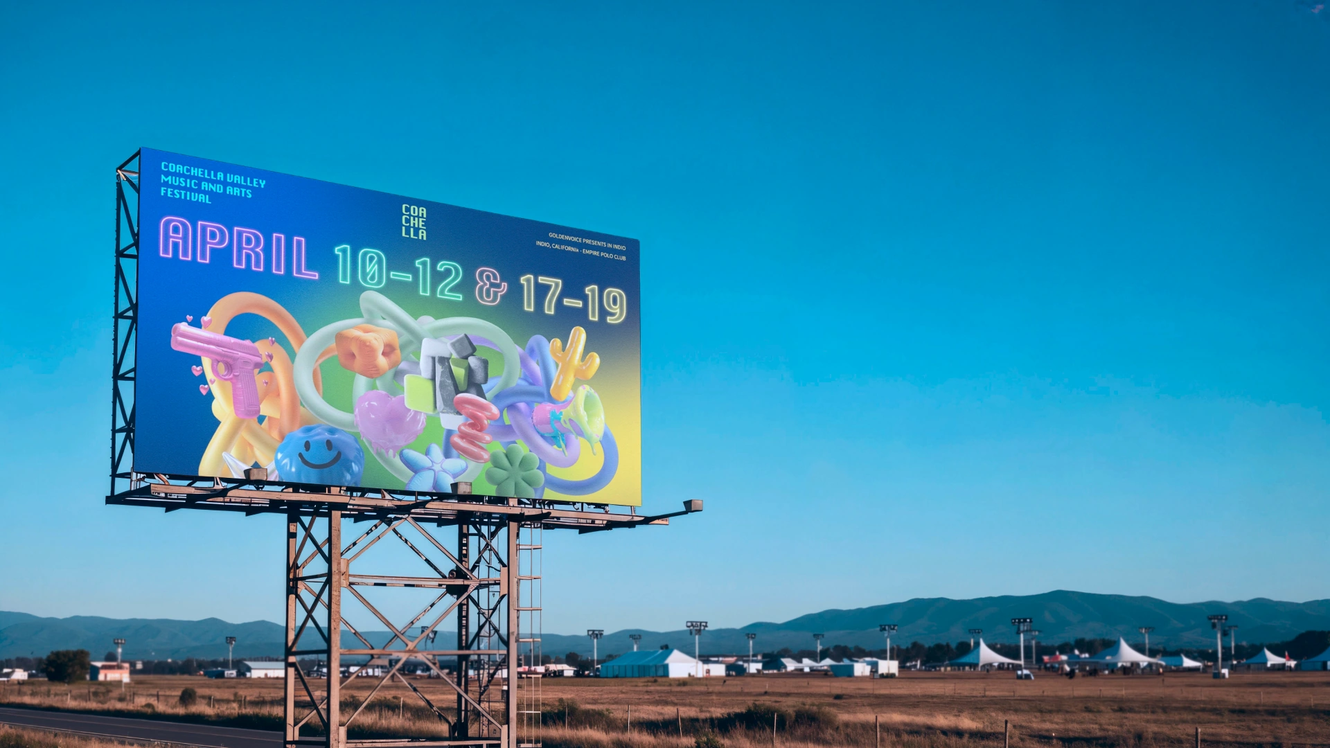 Coachella festival billboard in a desert landscape