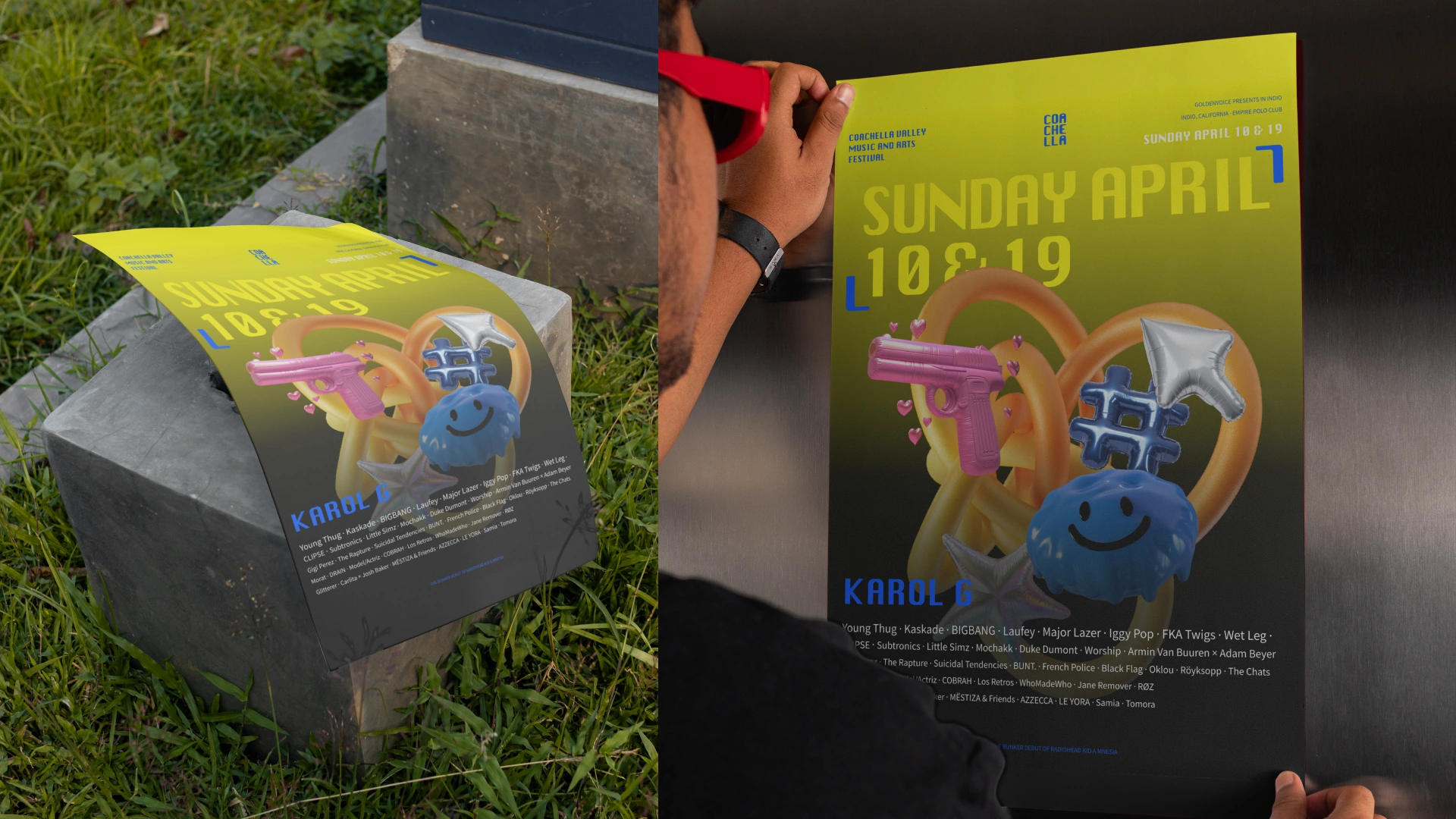 Yellow Coachella Sunday poster in real-world settings