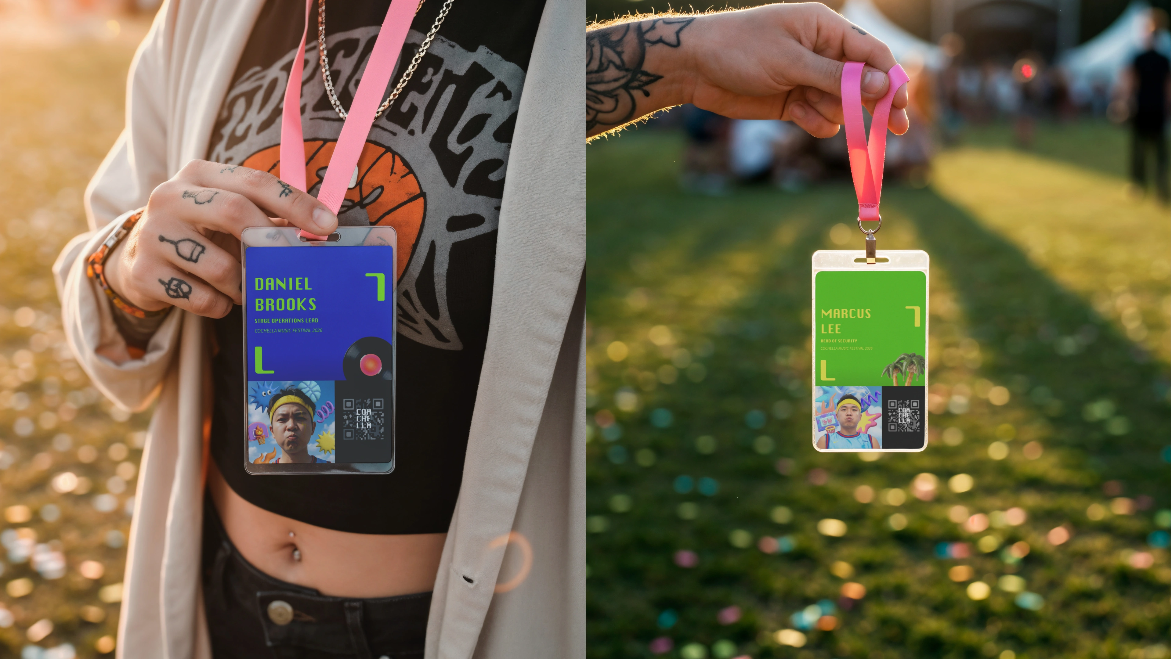 Coachella badges and lanyards in use