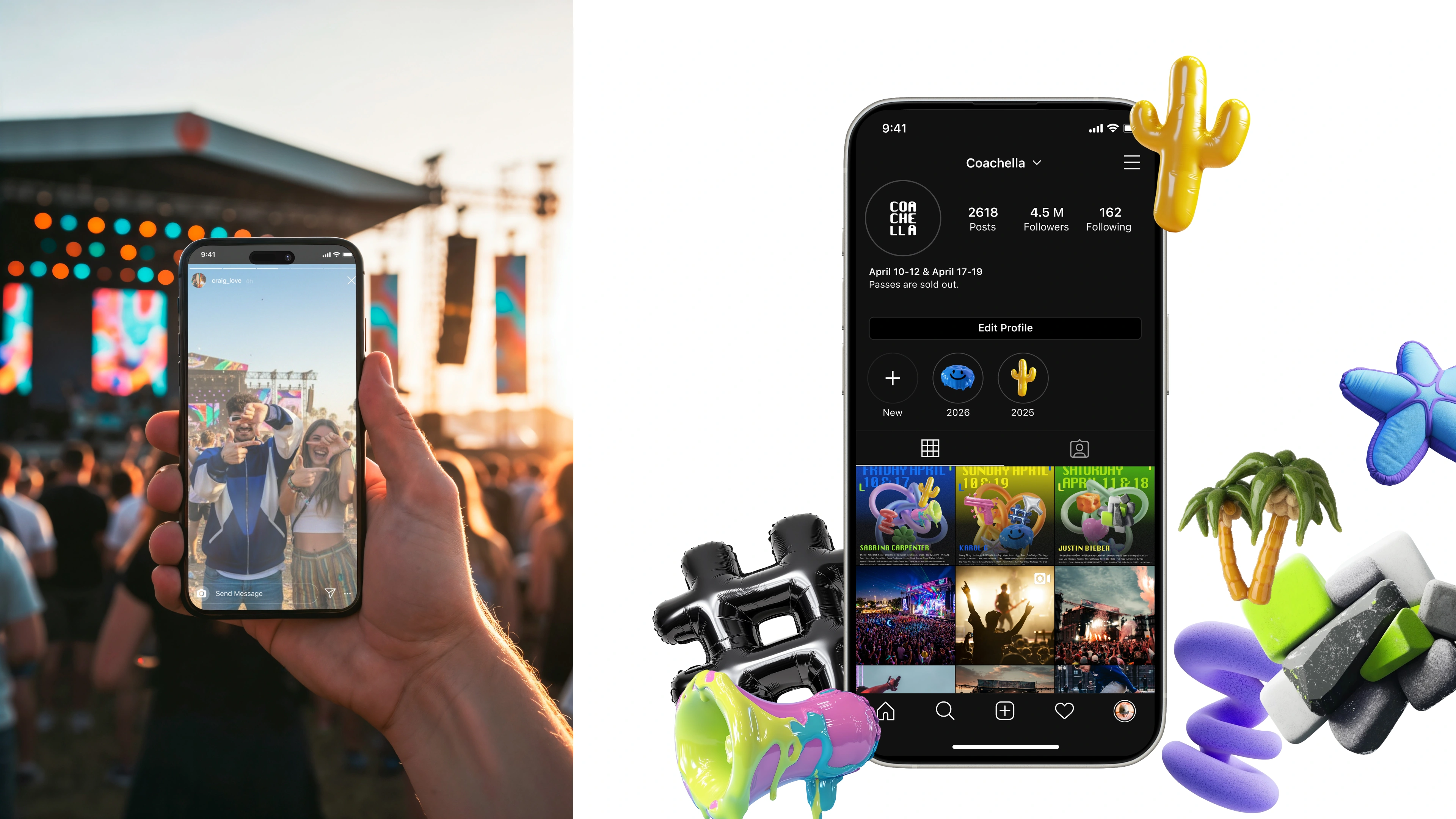 Coachella Instagram profile, posts and mobile visual identity